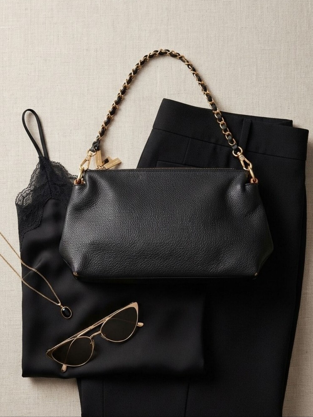 Valentina Black Leather Chain Strap Shoulder Bag Purse